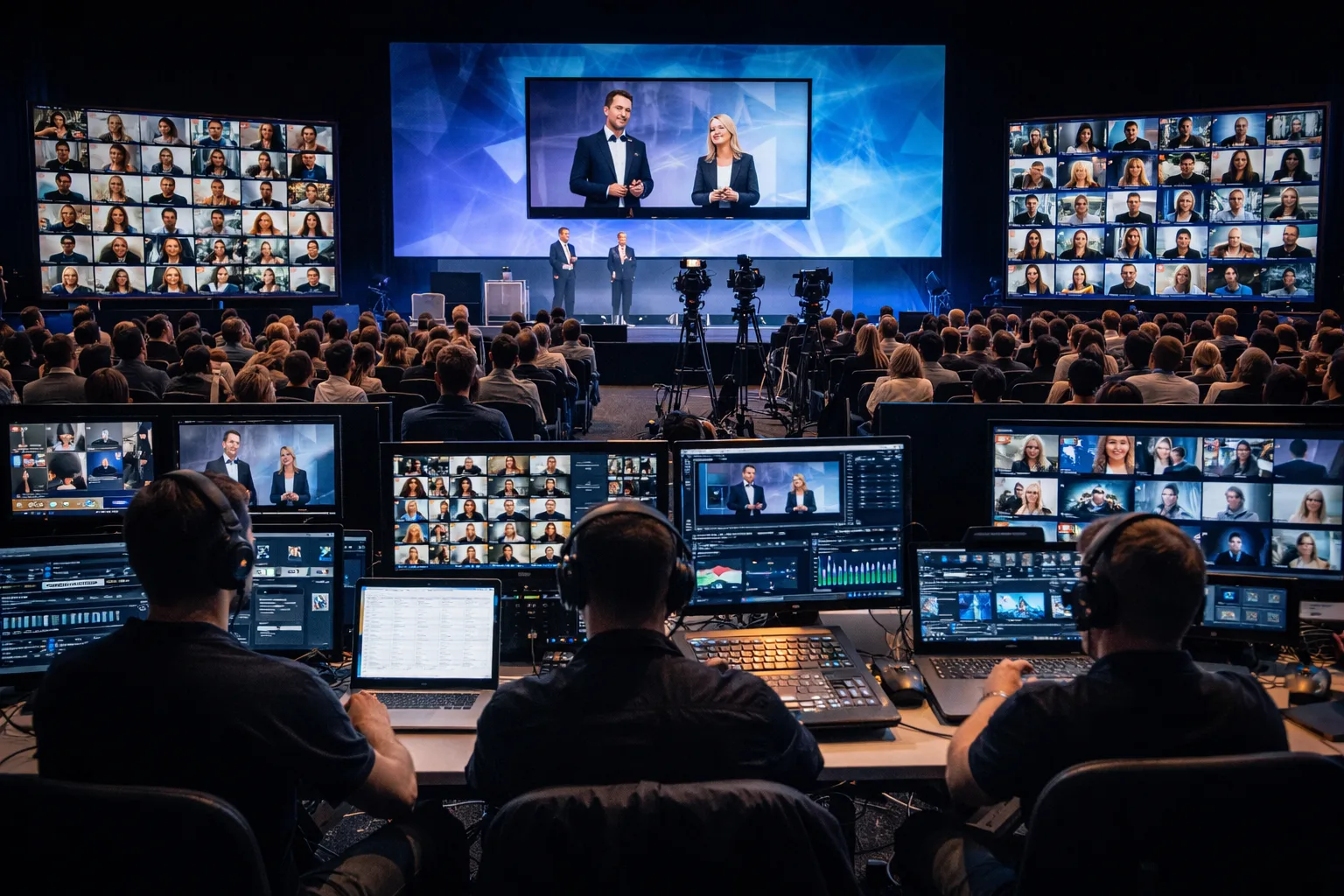 Hybrid event with remote speakers and audience screens